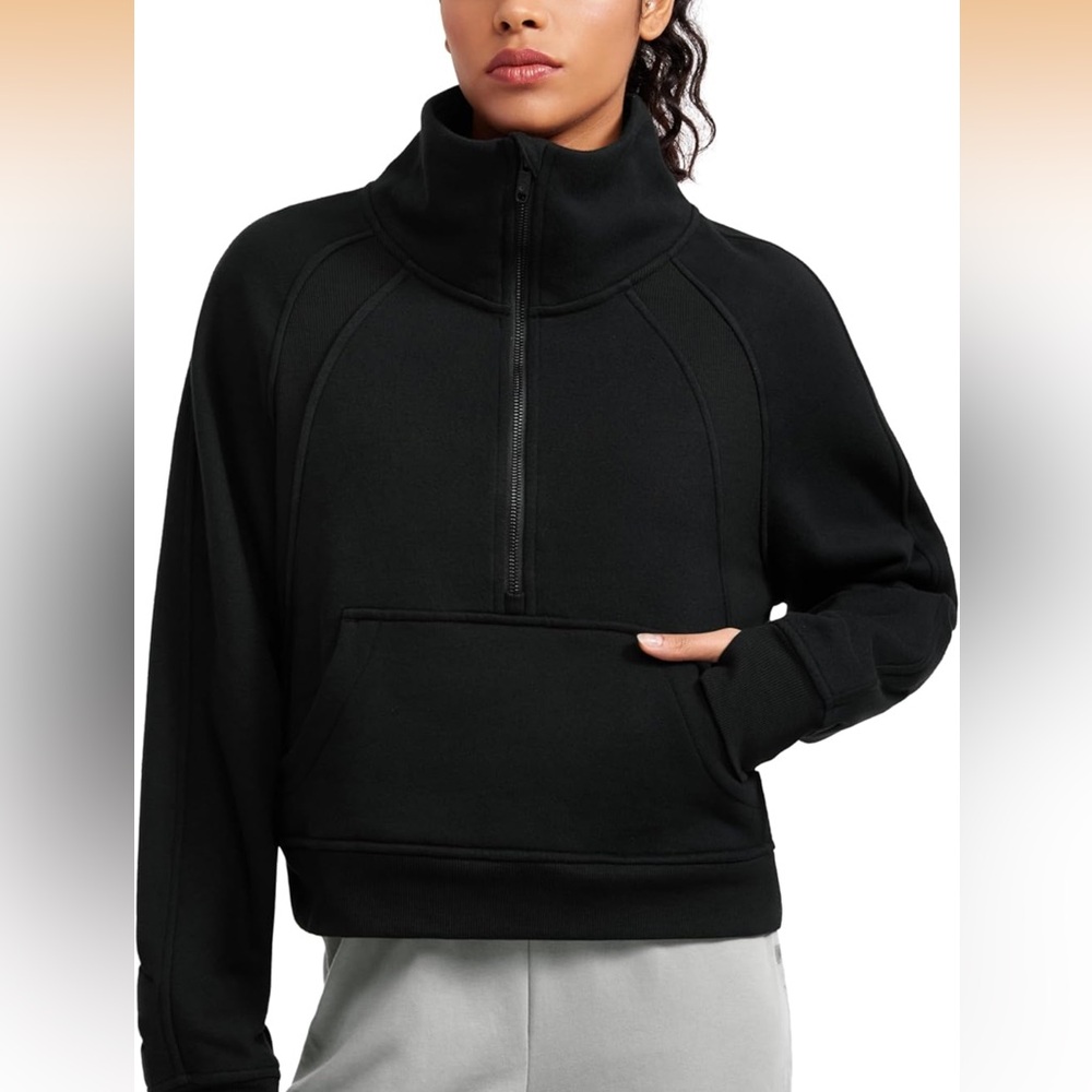 CRZ YOGA Fleece Lined Half Zip Funnel Neck Sweatshirt Black